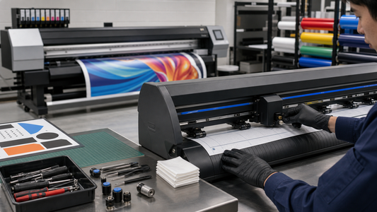 Technician checking media alignment on a cutting plotter beside a printer cutter workflow