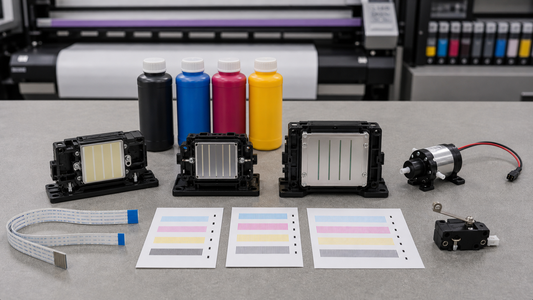 Epson-style F1080 XP600 and i3200 printhead comparison bench with limit switch eco-solvent ink and nozzle test sheets