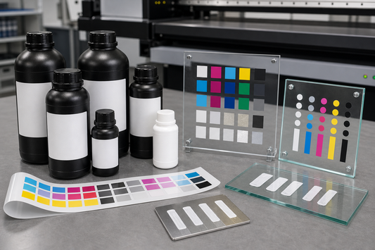 UV ink bottles with acrylic glass and flexible media primer test samples on a quality control bench
