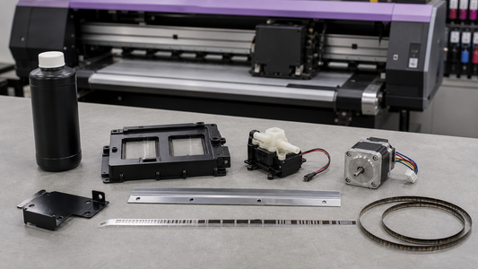 Mimaki CJV and JV style printer parts inspection bench with encoder strip maintenance liquid pump motor and head cover