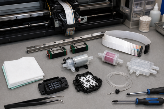 Linear guide sliders head cable ink pump filter damper printhead cover and optical fiber on a printer service bench
