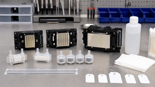 XP600 and Epson F1080 style printheads with dampers filters cleaning solution and encoder strip on a service bench