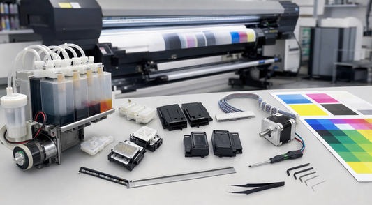Printer diagnostics bench with printhead covers ink dampers printhead cables encoder strip stepper motor ink tank and color test swatches