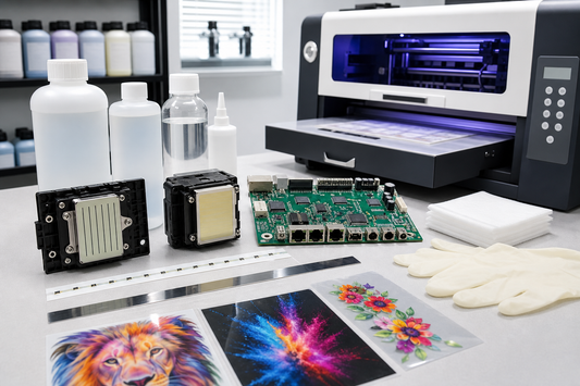 DTF cleaning solution printheads 4720 mainboard encoder strip and transfer film sheets on a service bench