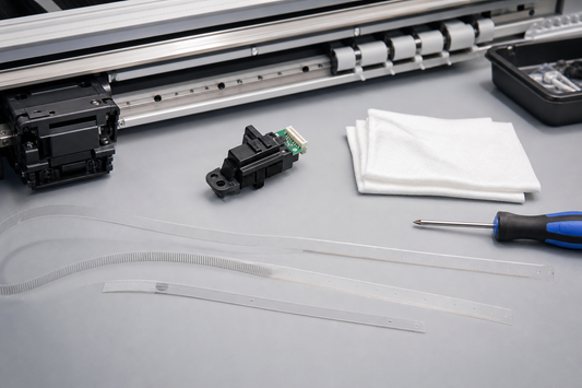 Encoder strips H9730 sensor carriage rail wipes and service tools prepared before DTF film production