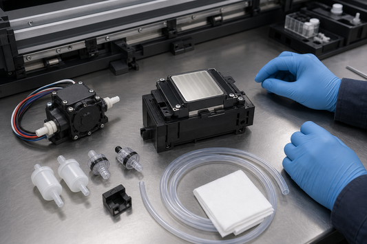 Industrial printhead module with ink pump filters dampers and tubing laid out for installation checks