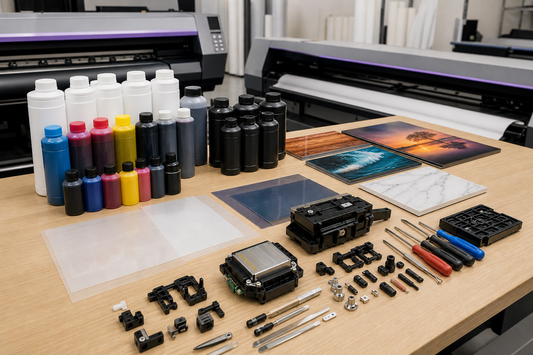 Mimaki-style printer parts eco-solvent ink UV ink DTF film XP600 printhead and head covers on a service bench