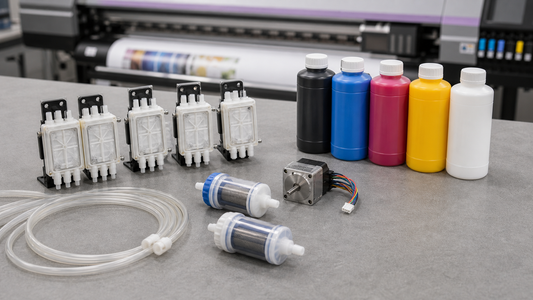 Eco-solvent printer service bench with Mimaki JV33 dampers inkjet filters tubing and CMYK ink bottles