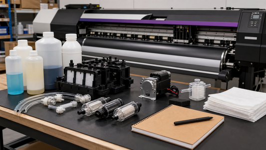 Printer maintenance bench with cleaning liquid capping stations pumps dampers and filters