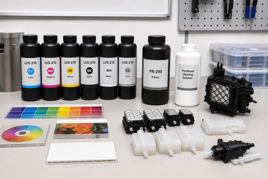 LUS-210 UV ink bottles primer cleaning solution dampers and pump parts on a printer service bench