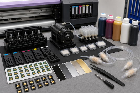 Mimaki style ink chips cartridge parts pump dampers and UV varnish swatches on a service bench