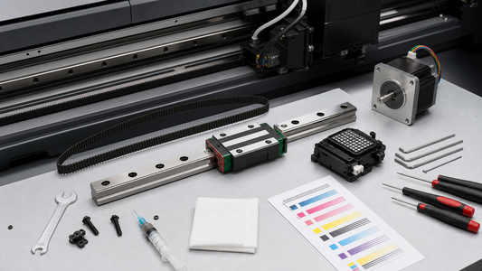 Wide-format inkjet printer carriage rail maintenance bench with HGH20 style linear guide slider belt stepper motor and nozzle test strip