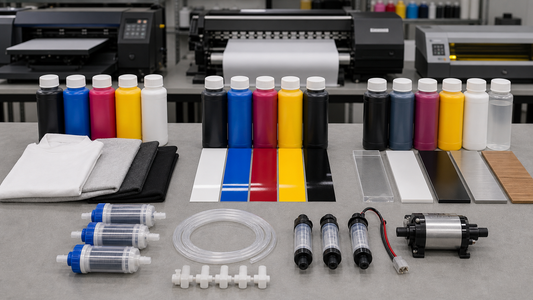 DTF dye sublimation and Mimaki JV150 production route comparison bench with inks media and printer samples