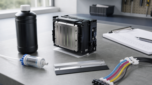 Industrial printhead ink system bench with reservoir filter scraper and color-coded tubing