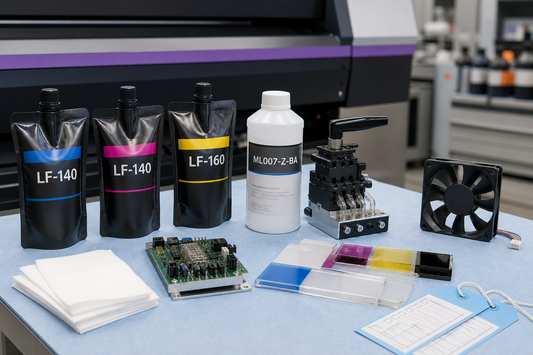 Mimaki LF-140 and LF-160 UV ink cleaning solution ink valve controller board printer fan and varnish swatches on a service bench