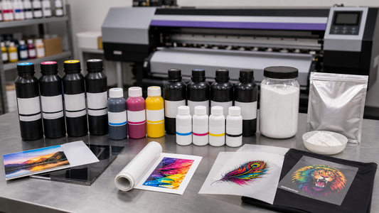 Large format printing ink selection bench with eco-solvent UV sublimation and DTF consumables