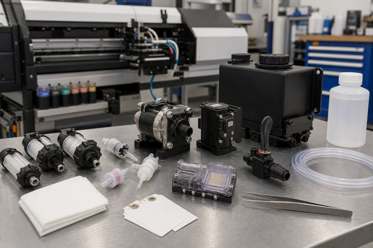 Ink filters diaphragm pump reservoir printer valve XP600 damper tubing and maintenance liquid on a service bench