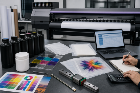 Mimaki UV ink DTF transfer film hot melt powder linear guide encoder strip and quote checklist on a print shop bench
