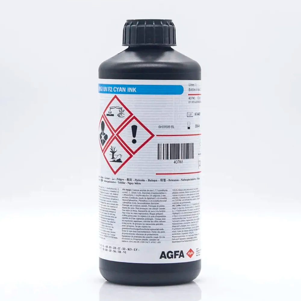 AGFA F2 Soft UV Ink - 1L for Ricoh Gen5/Gen6, KM1024 & Toshiba CE4 Cyan ink bottle