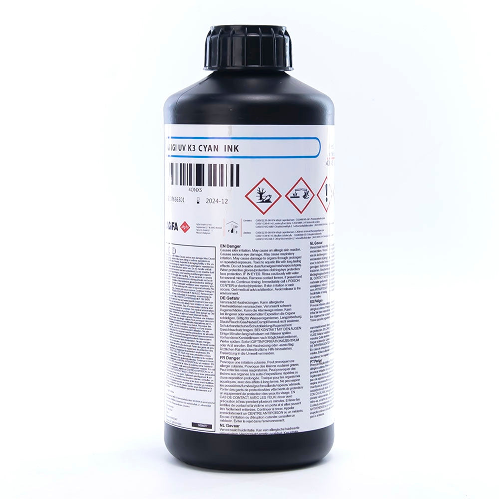 AGFA K3 Neutral UV Ink - 1L for Epson DX5/XP600/i3200 Cyan ink bottle