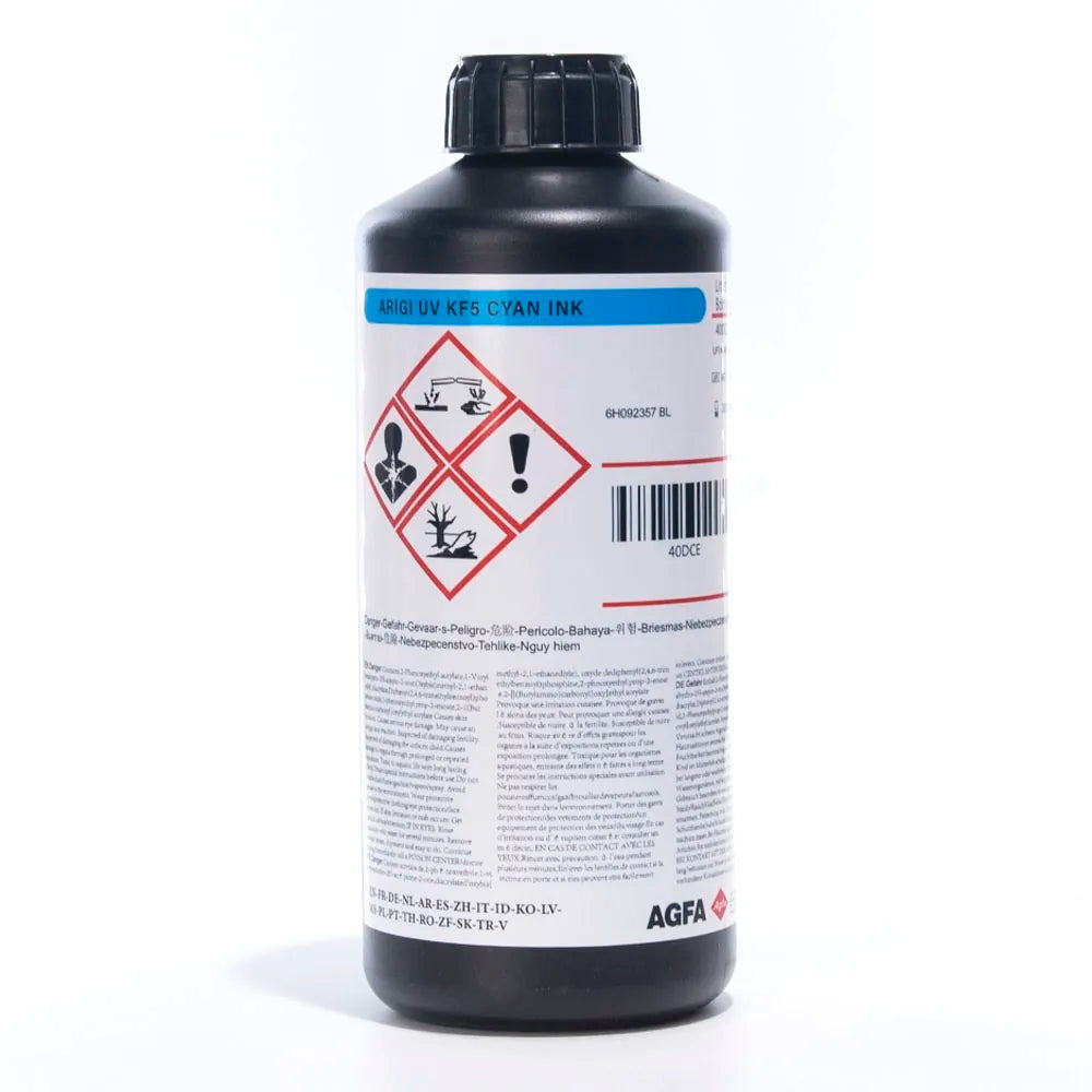 AGFA KF5 Soft UV Ink - 1L for Epson DX5/XP600/i3200 & Ricoh Gen5i Cyan ink bottle