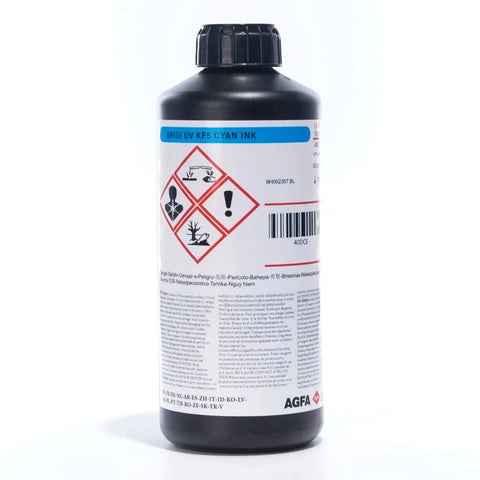 AGFA KF5 Soft UV Ink - 1L for Epson DX5/XP600/i3200 & Ricoh Gen5i Cyan ink bottle