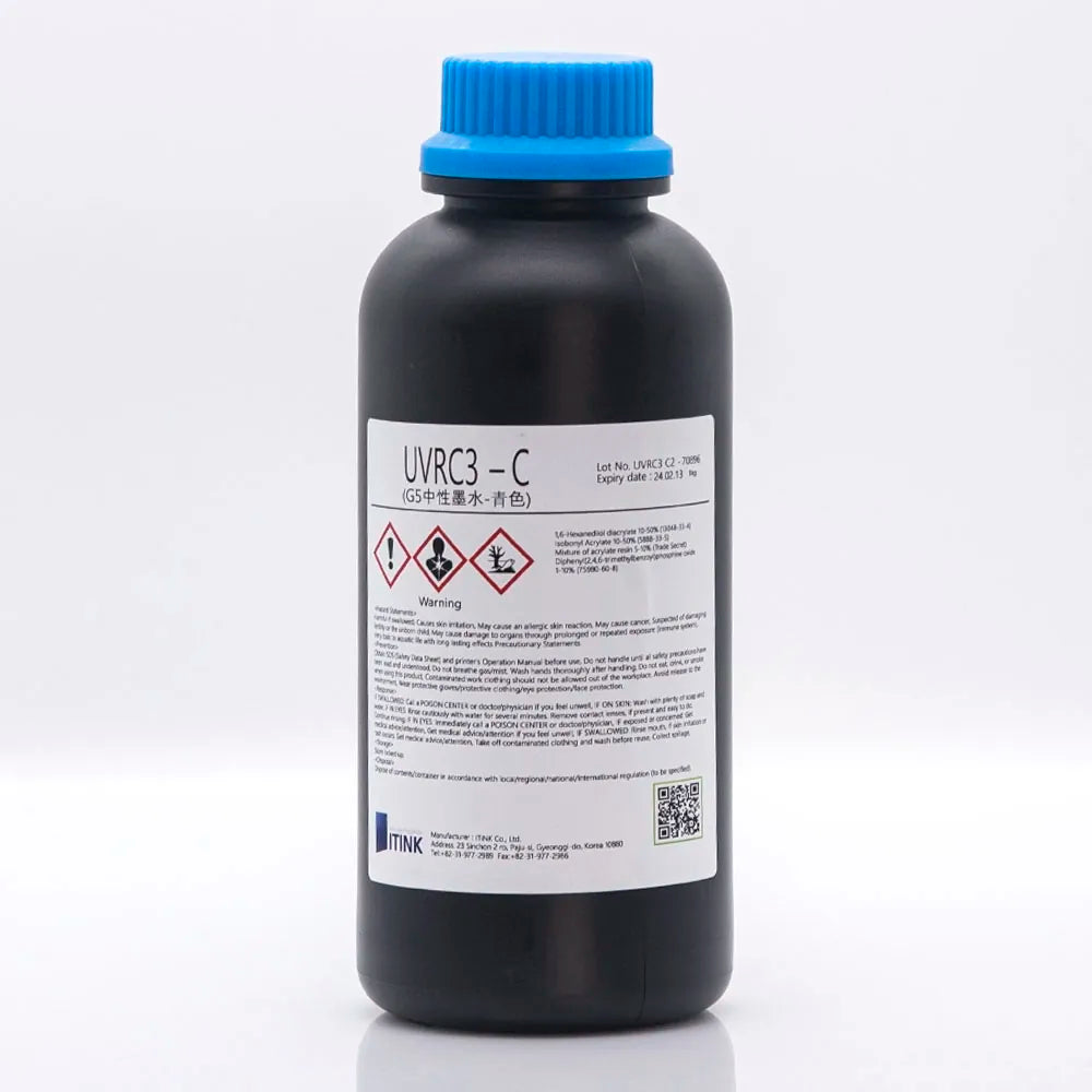 Korean IT UVRC3 Neutral UV Ink - 1L for Ricoh Gen5/Gen6, KM1024 & CE4M Cyan ink bottle